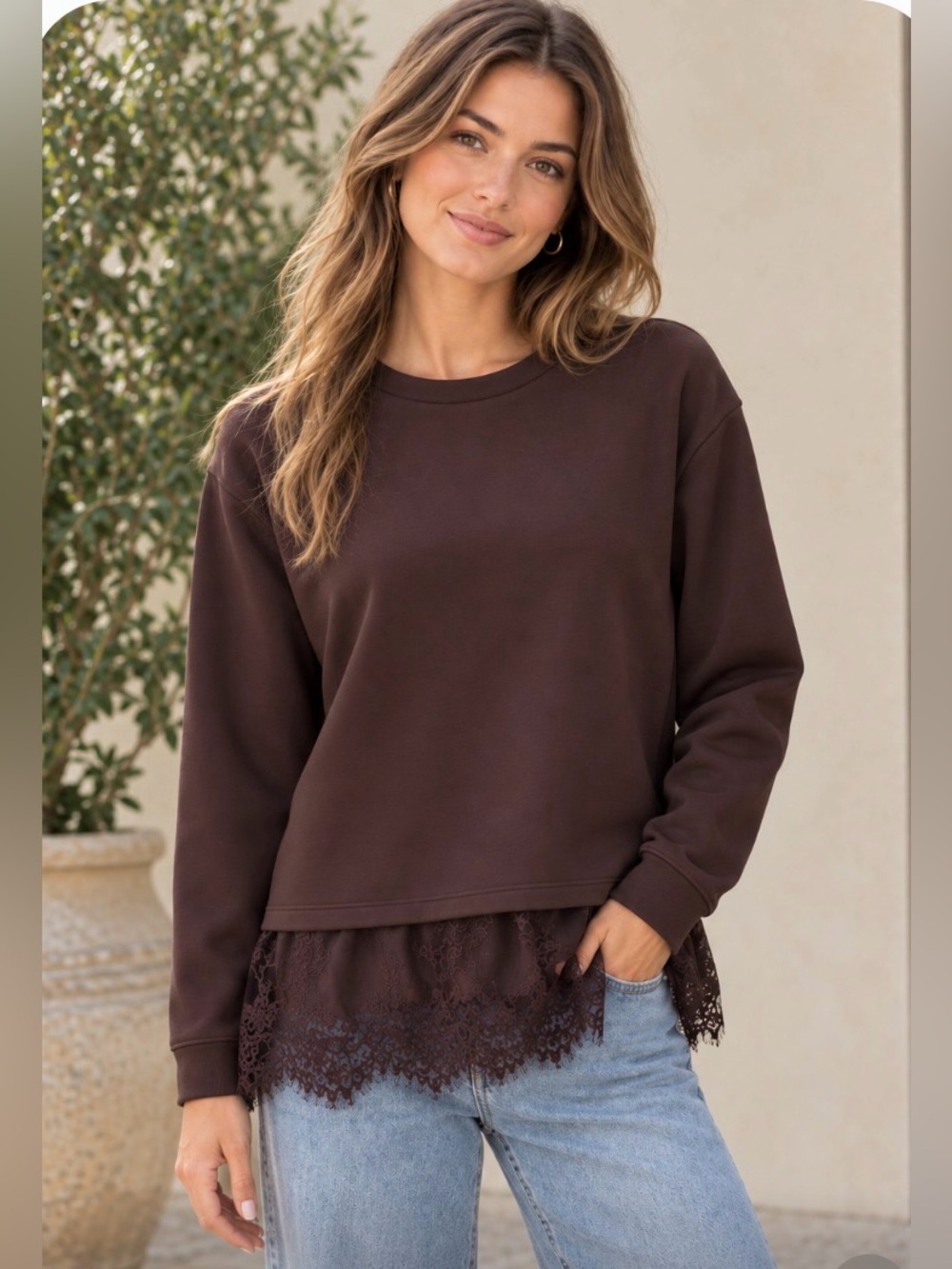 NWT easel Lace-Hem Scuba Top ~ Dark Brown/Maroon